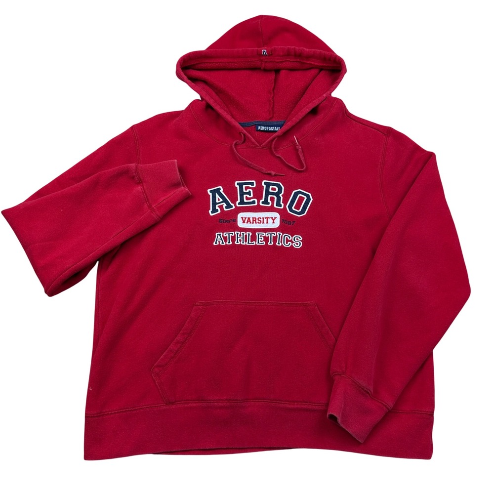 Vintage Y2K Aeropostale Varsity Red Hoodie Sweatshirt Mens M Fleece Pullover